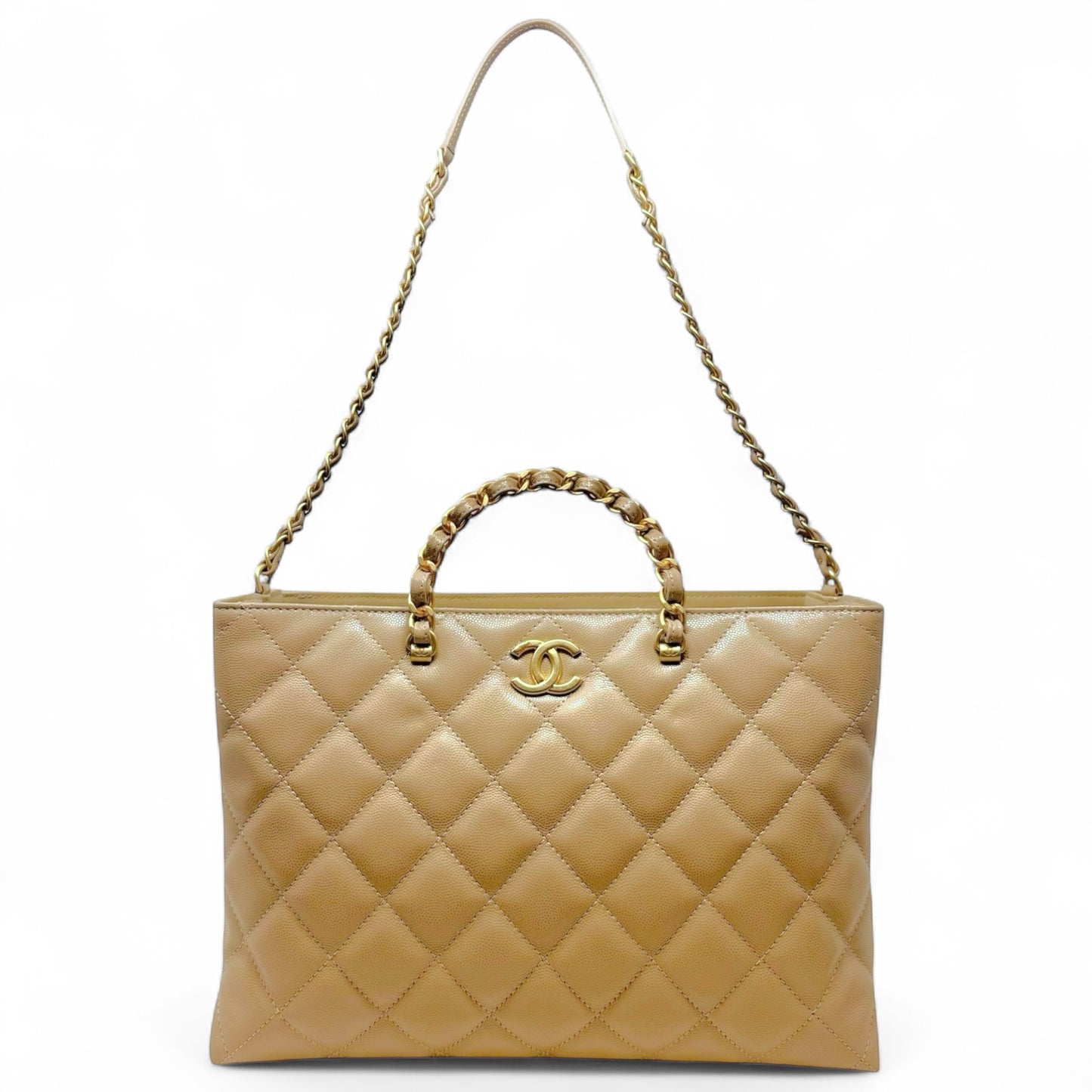 RARE 24S Coco Shiny Caviar Quilted Chain Top Handle Shopping Bag Luxury Designer By Chanel, Size: Medium