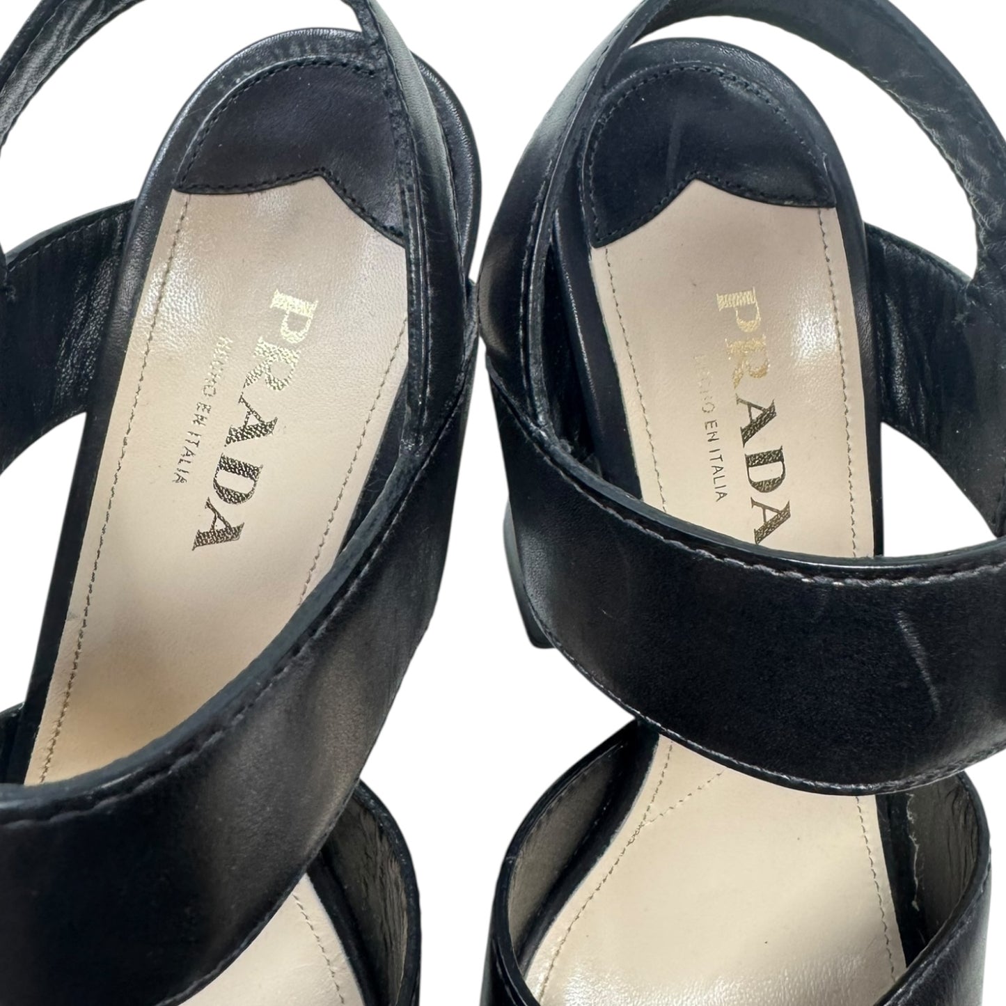 Platform Buckle Block Heels Shoes Luxury Designer By Prada In Black, Size: 11 (IT 41)