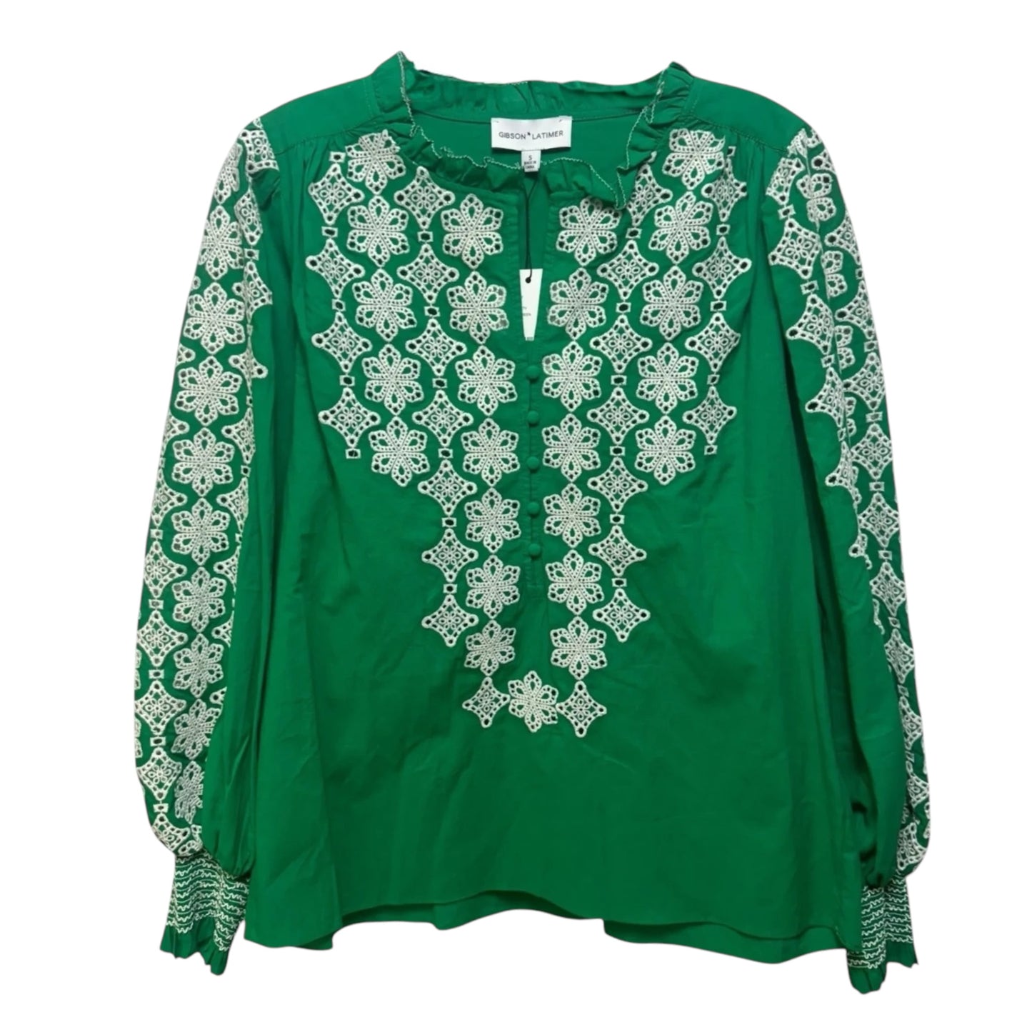 Floral Embroidered Blouson Sleeve Hi-Low Blouse By Gibson And Latimer In Green, Size: S