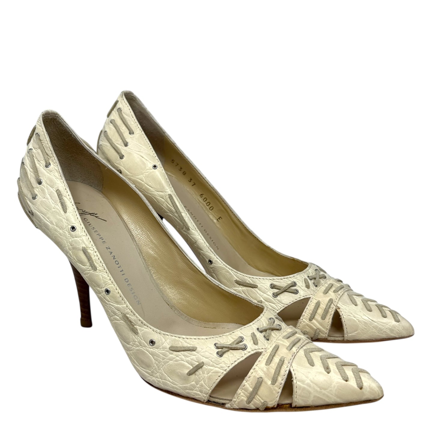 Vintage Vicini Croc Embossed Lace Detail Cutout Stiletto Pumps Designer By Giuseppe Zanotti In Cream, Size: 7