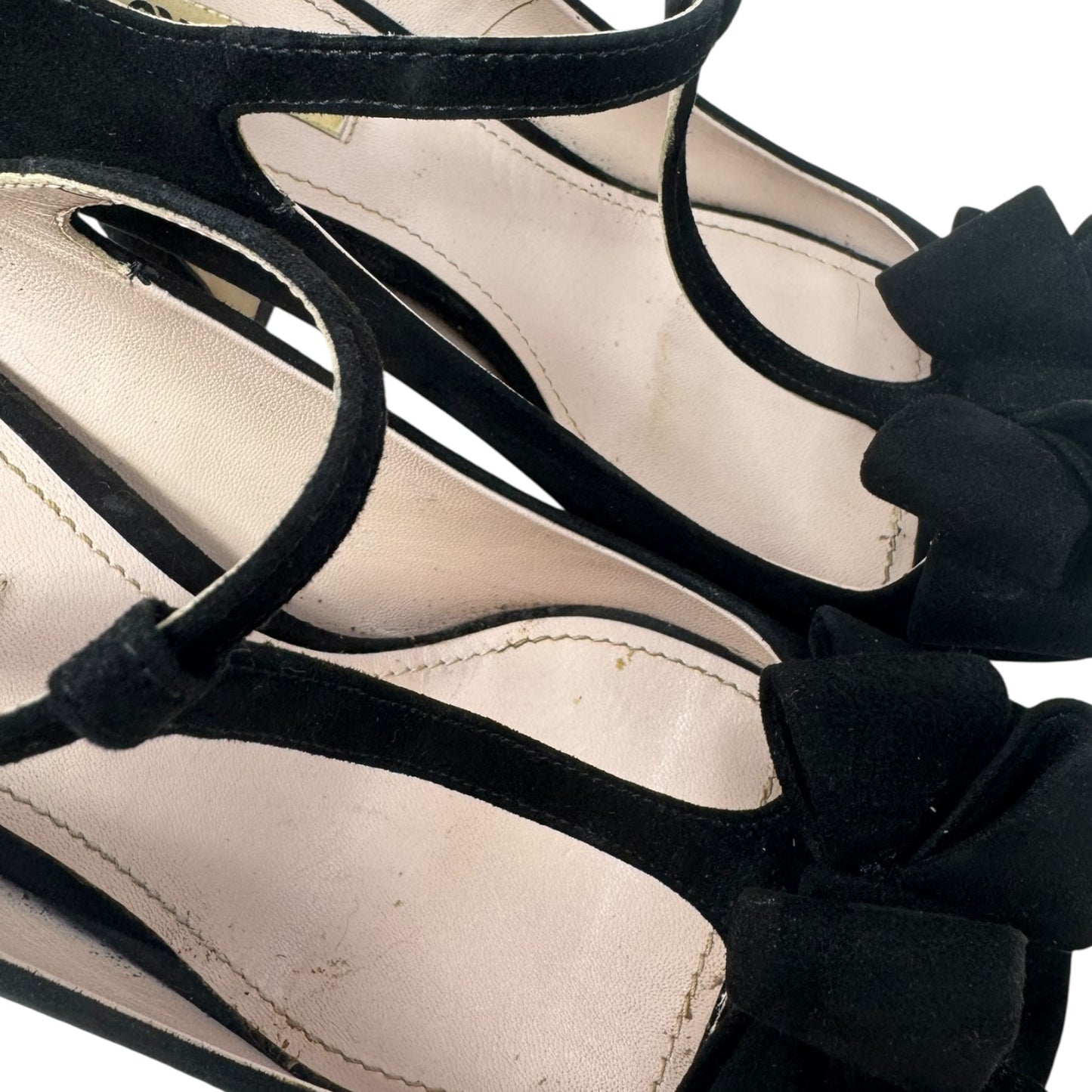 Suede T Strap Peep Toe Heels Shoes Luxury Designer By Miu Miu In Black, Size: 10 (IT 40)