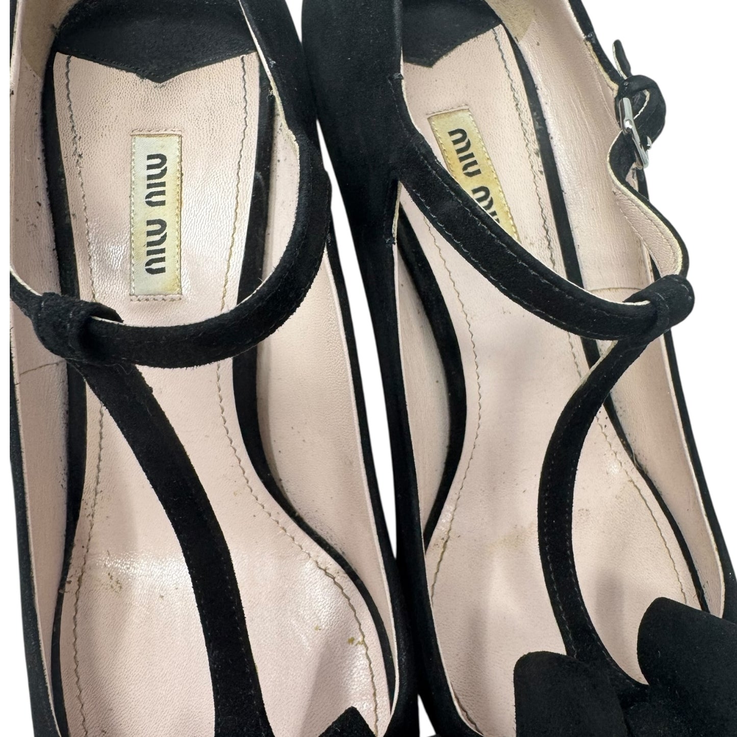 Suede T Strap Peep Toe Heels Shoes Luxury Designer By Miu Miu In Black, Size: 10 (IT 40)