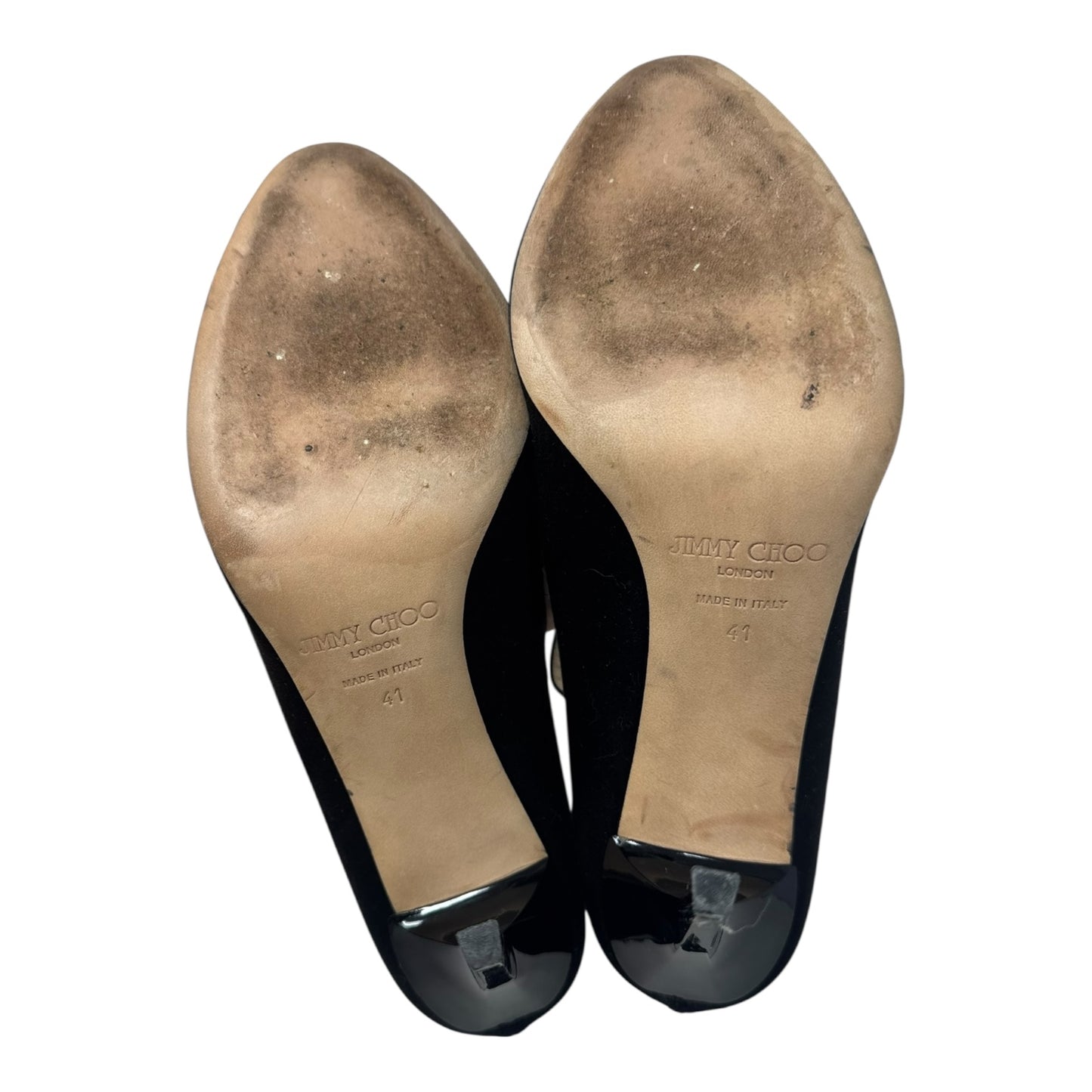 Embellished Buckle Peep Tor Heels Shoes Luxury Designer By Jimmy Choo In Black, Size: 11 (IT 41)