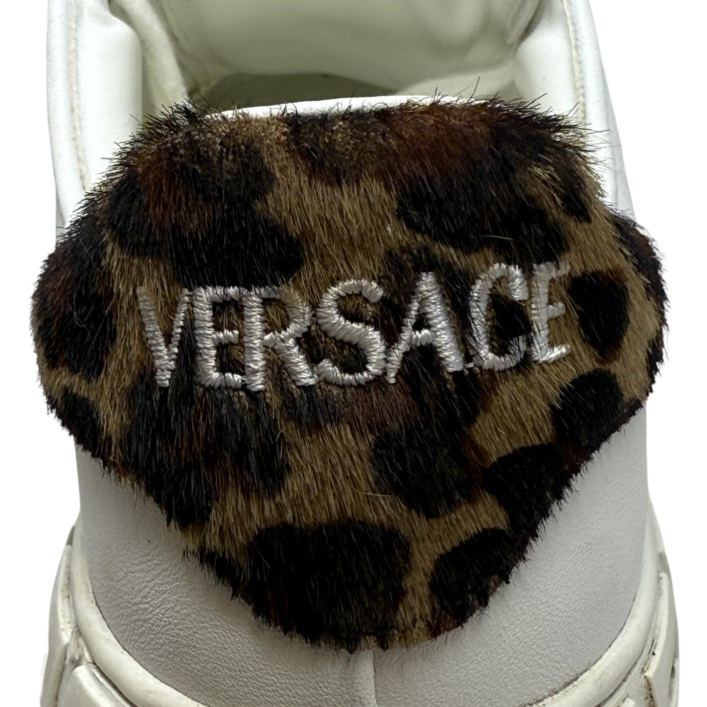 Greca Leopard Embroidered Sneakers Luxury Designer By Versace In White, Size: 7.5
