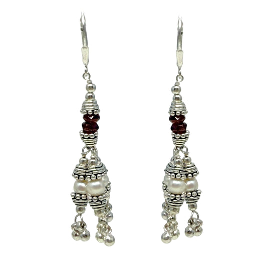 Sterling Silver Pearl & Red Stone Lever Back Dangle Earrings Unbranded