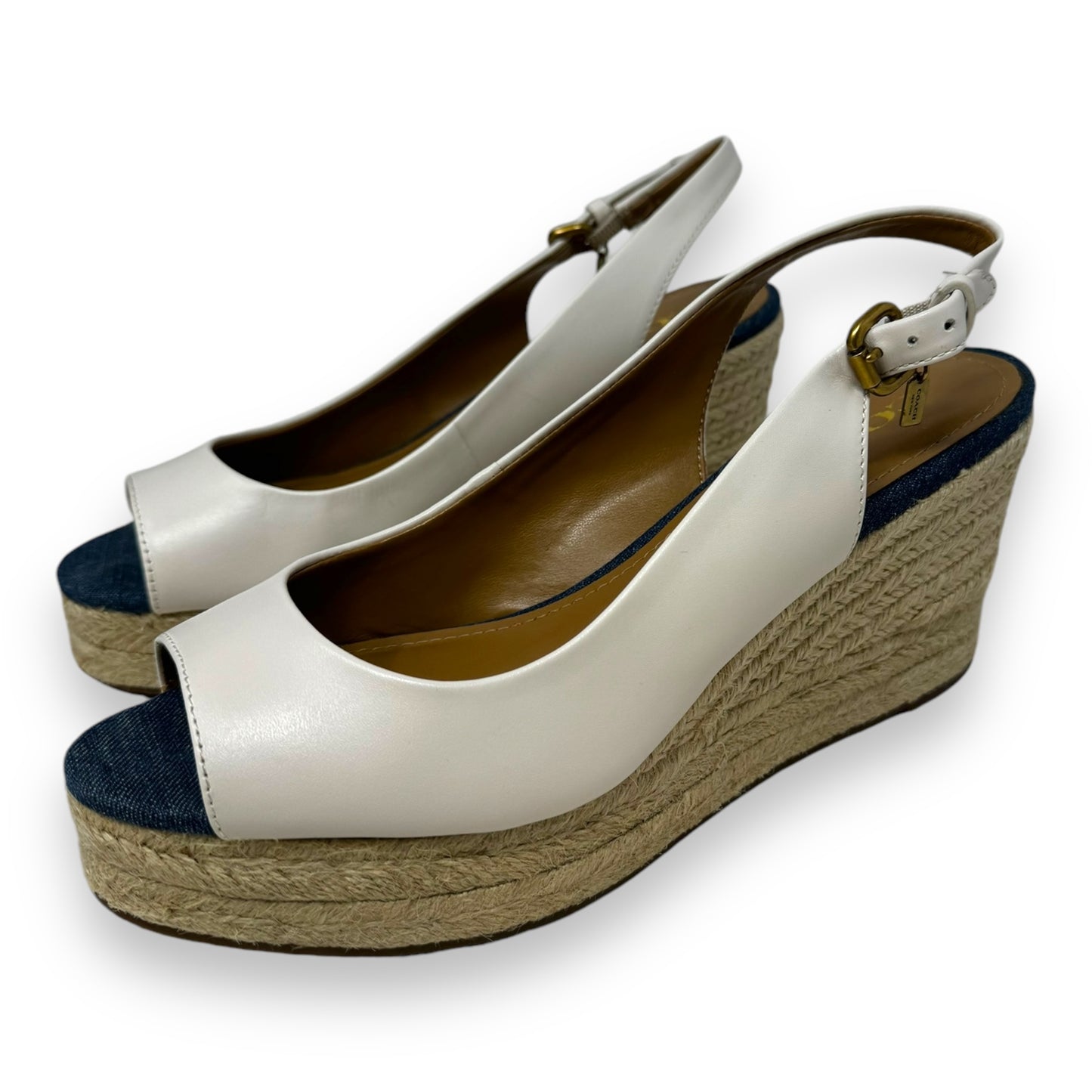 Hadley Espadrille Wedge Sandals Designer By Coach In Semi Mat Calf/Chalk Med Wash Denim, Size: 8