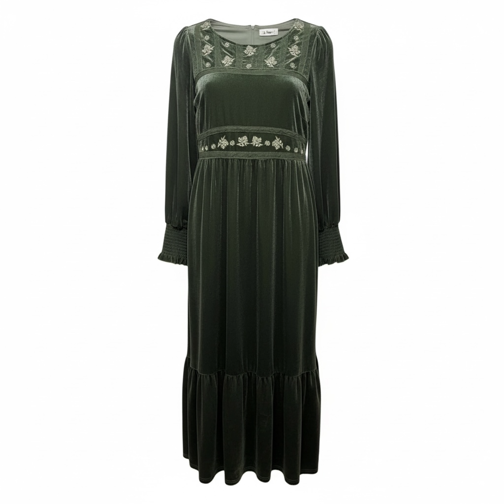 Ingrid Embroidered Velvet Maxi Dress By In Loom In Green, Size: L
