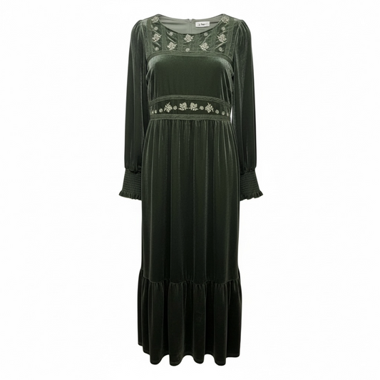 Ingrid Embroidered Velvet Maxi Dress By In Loom In Green, Size: L