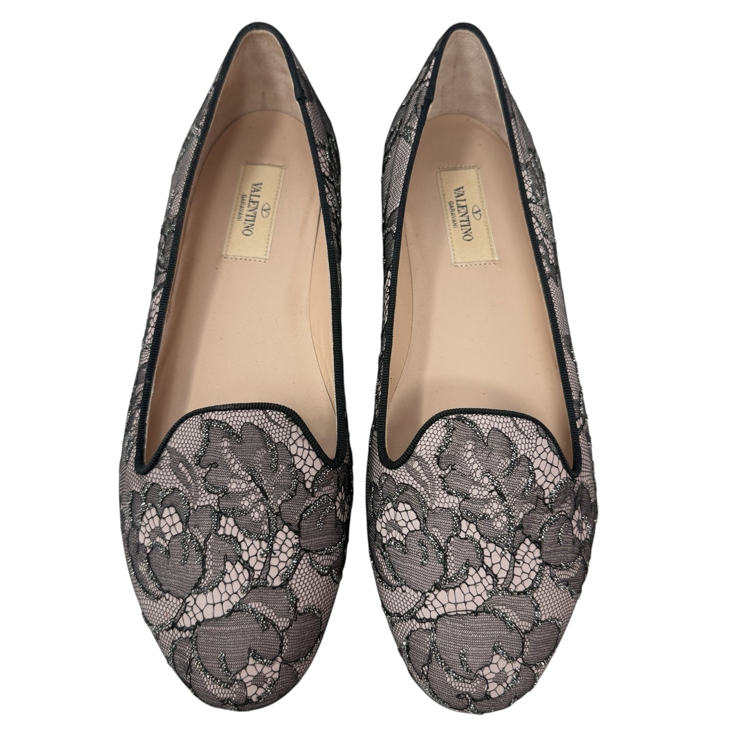 Caviar Crystal Lace Smoking Slippers In Blush Luxury Designer By Valentino-garavani In Black & Cream, Size: 8.5 (38.5)