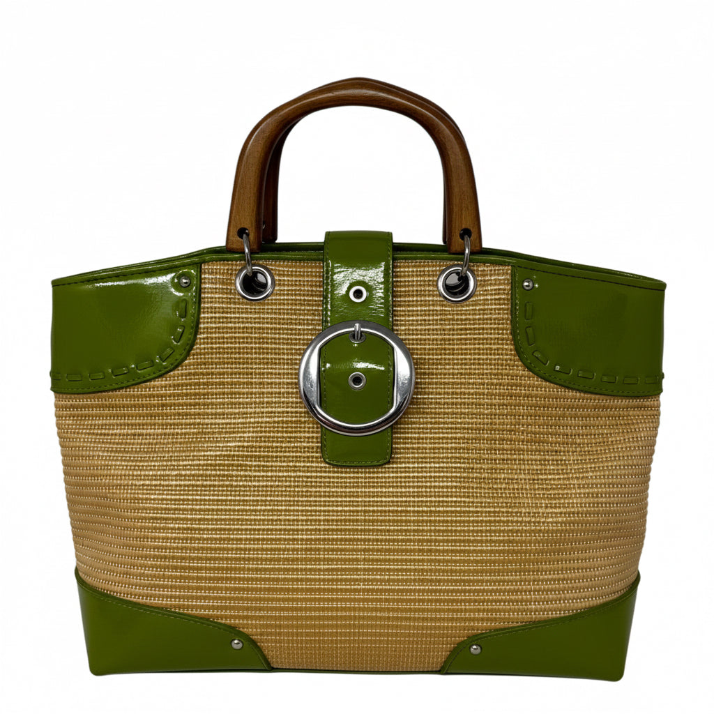 Straw Wood Handled Green Accent Tote By Ann Taylor, Size: Medium