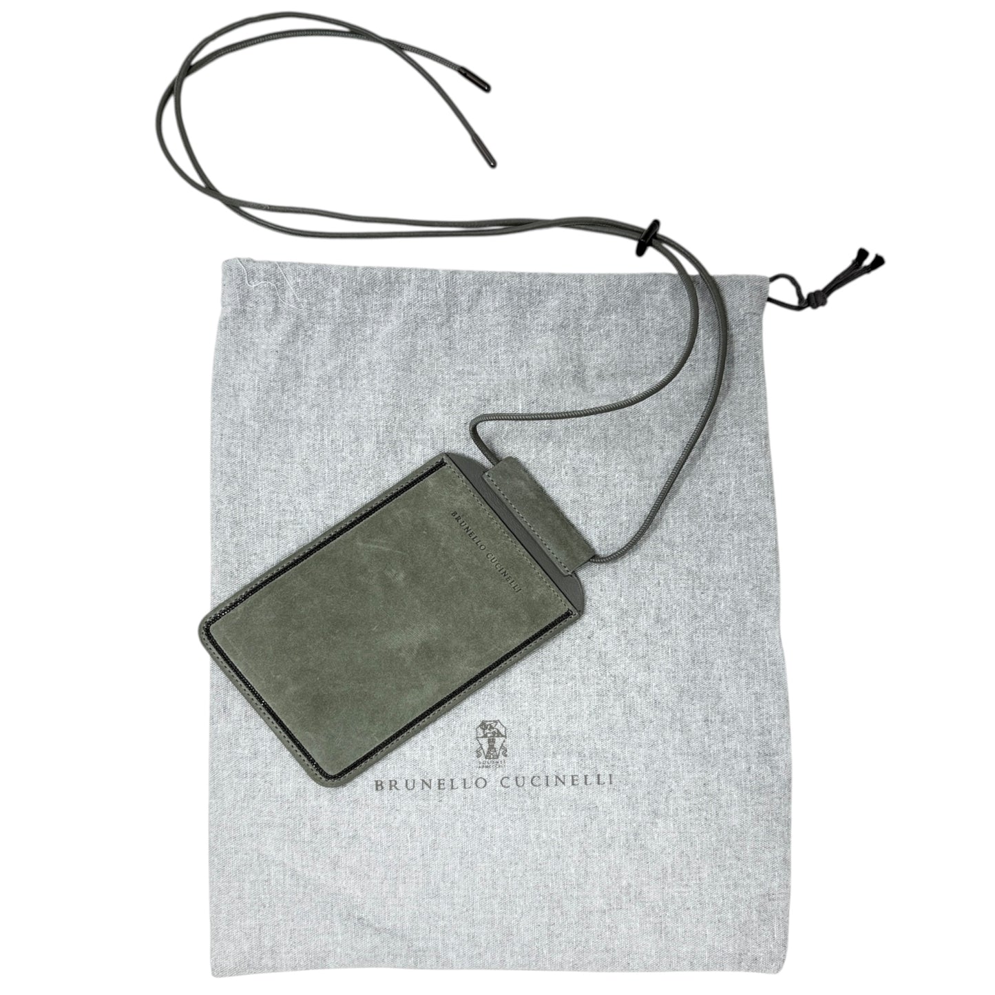 Suede Phone Crossbody Designer By Brunello Cucinelli, Size: Small