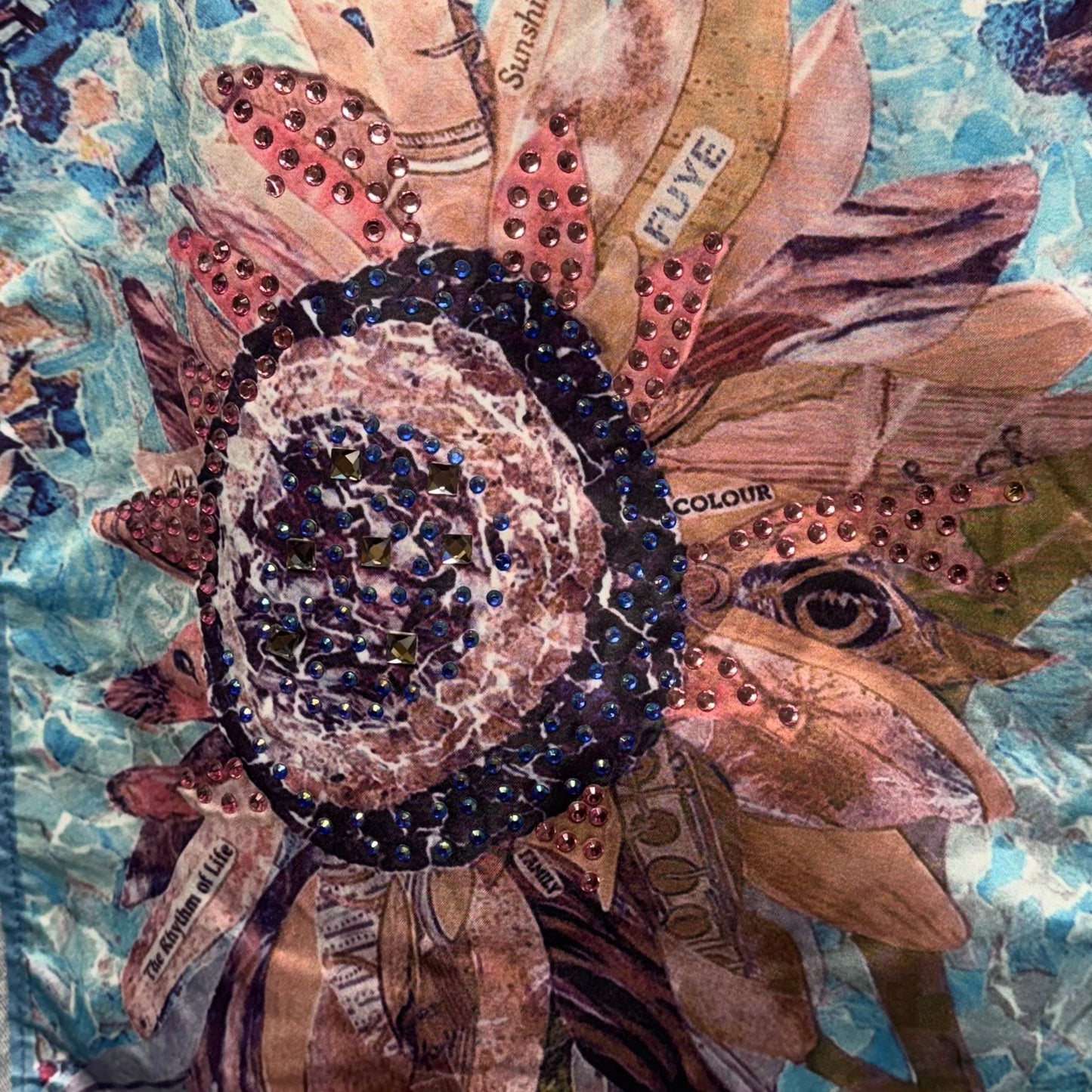 Embellished Sunflower Distressed Denim Trucker Jacket By Ampersand Avenue In Blue Denim, Size: S