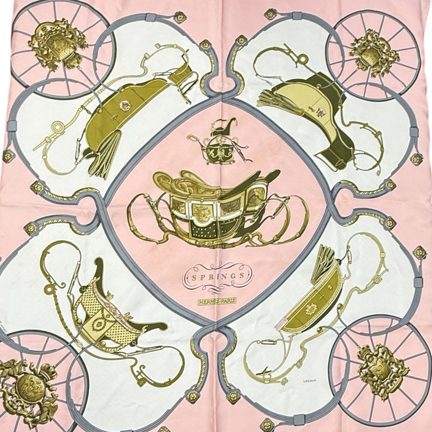 Vintage Carre 90 Philippe Ledoux “Springs“ Horse-Drawn Carriage Motif Silk Scarf Luxury Designer By Hermes