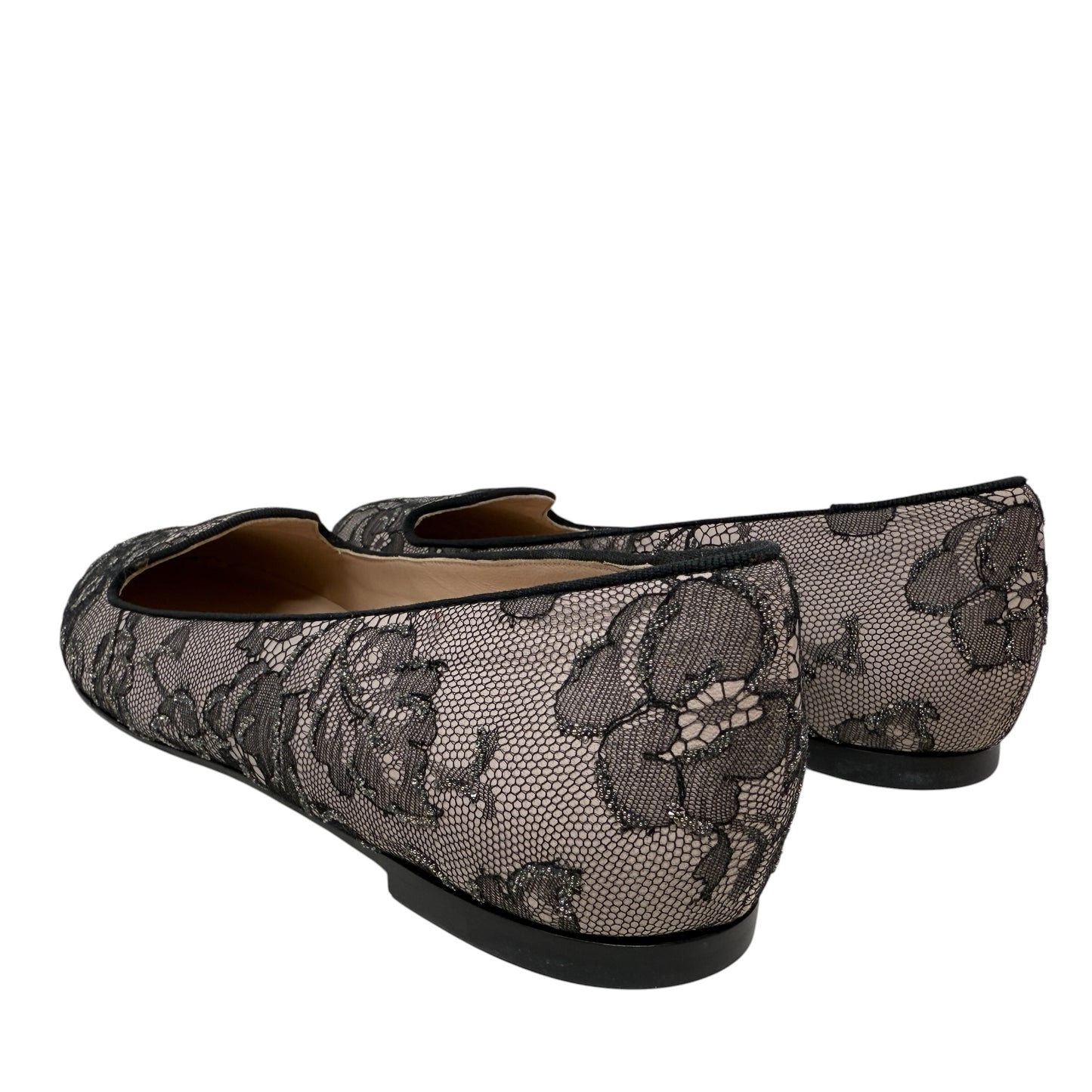 Caviar Crystal Lace Smoking Slippers In Blush Luxury Designer By Valentino-garavani In Black & Cream, Size: 8.5 (38.5)