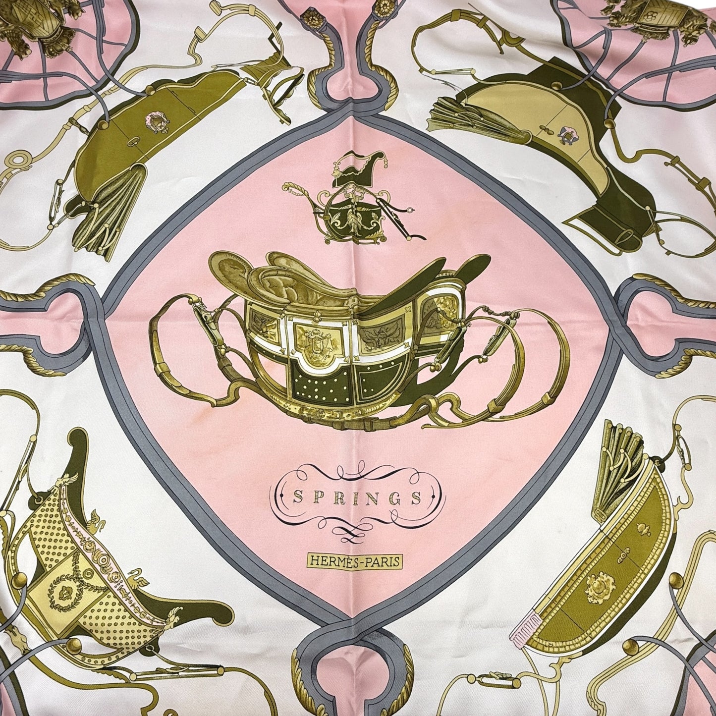 Vintage Carre 90 Philippe Ledoux “Springs“ Horse-Drawn Carriage Motif Silk Scarf Luxury Designer By Hermes