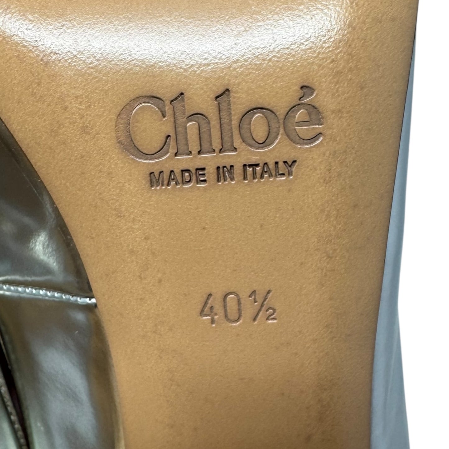 Metallic Wood Block Heel Shoes Luxury Designer By Chloé In Silver, Size: 10.5 (IT 40.5)