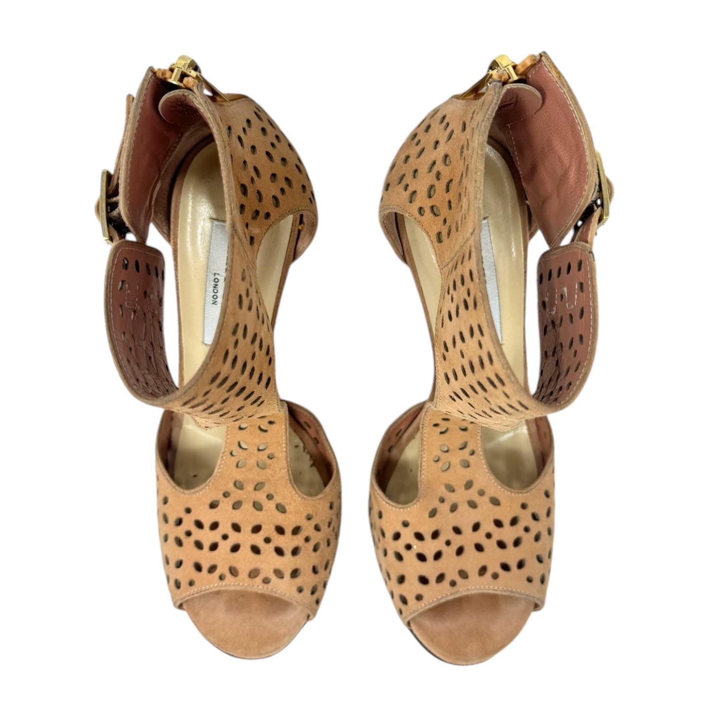 Tahi Perforated Suede Sandal Heels Luxury Designer By Jimmy Choo In Blush, Size: US-6.5/IT-36.5