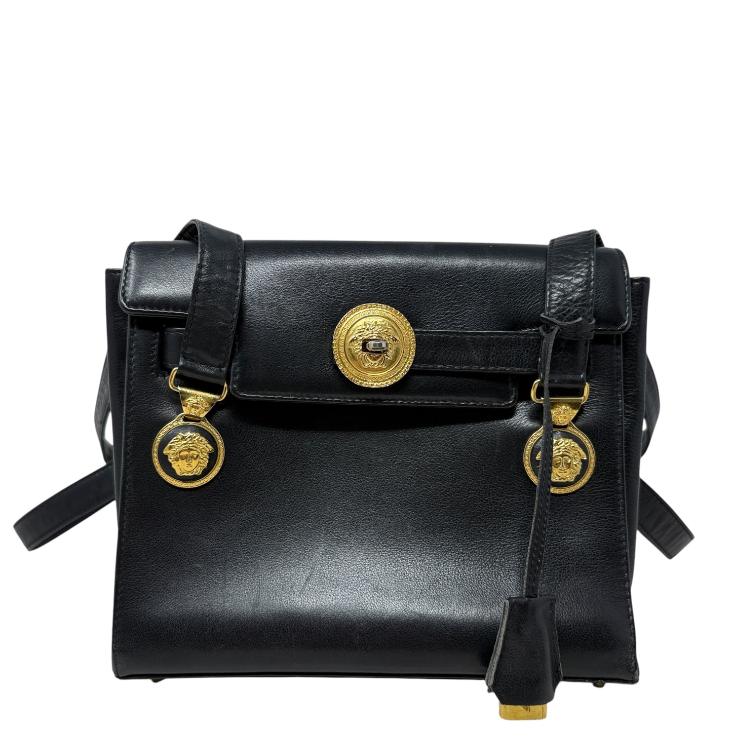 Vintage 90’s Medusa Medallion Leather Flap Shoulder Bag Luxury Designer By Gianni Versace, Size: Medium