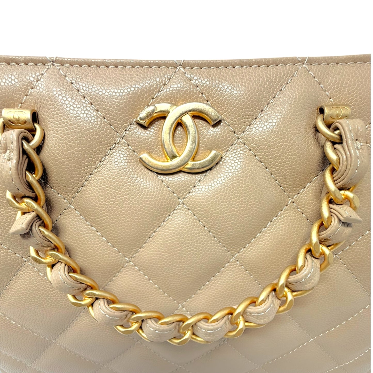 RARE 24S Coco Shiny Caviar Quilted Chain Top Handle Shopping Bag Luxury Designer By Chanel, Size: Medium