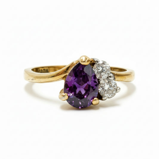 14k Gold, Pear Cut Amethyst & Round Clear Accent Stones Statement Ring, Size: 6