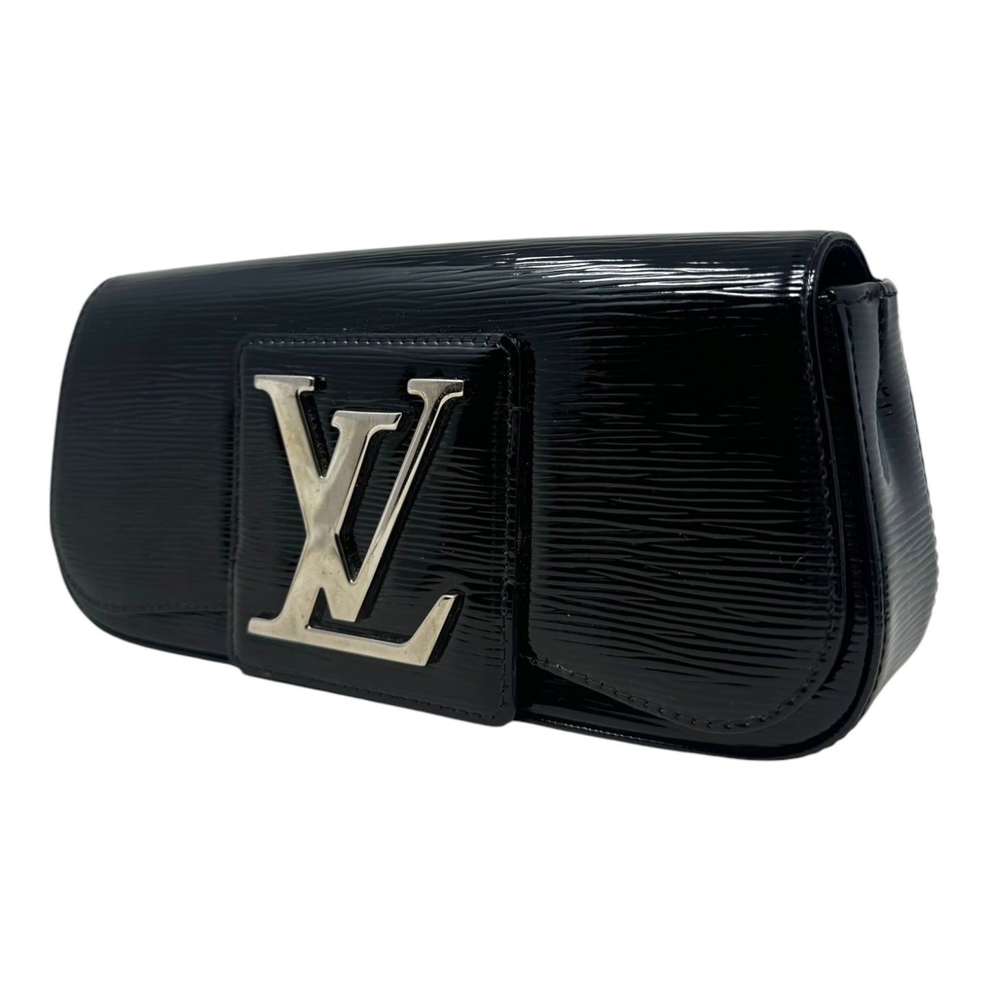 Epi Electric Sobe Clutch Pochette Luxury Designer By Louis Vuitton In Black Embossed Patent Leather, Size: Large