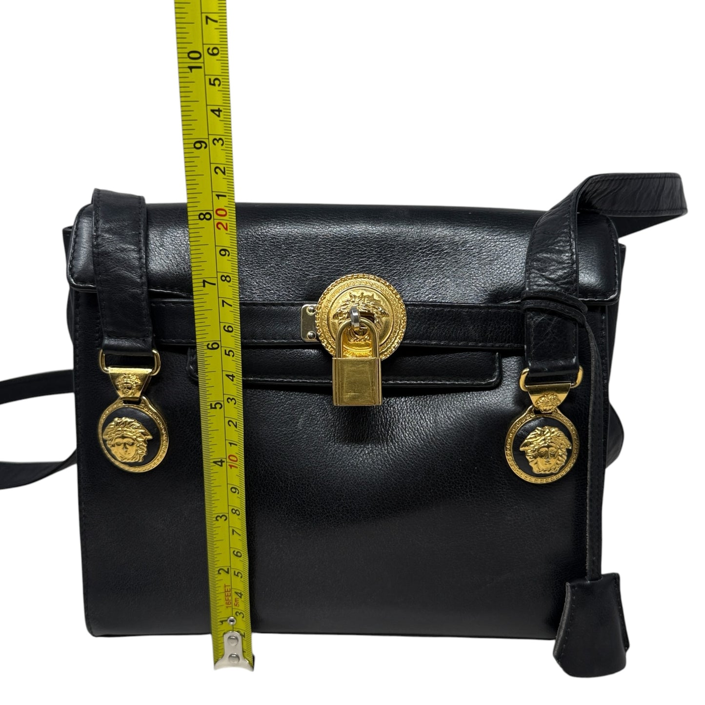 Vintage 90’s Medusa Medallion Leather Flap Shoulder Bag Luxury Designer By Gianni Versace, Size: Medium