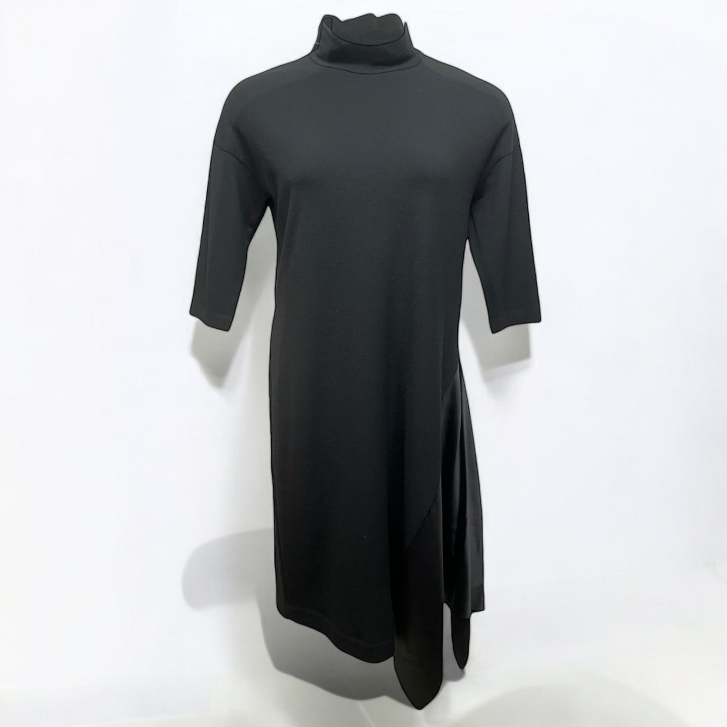 Midnight Asymmetric Stretch Wool & Silk Turtleneck Side Panel Dress Luxury Designer By Brunello Cucinelli In Black, Size: Xl