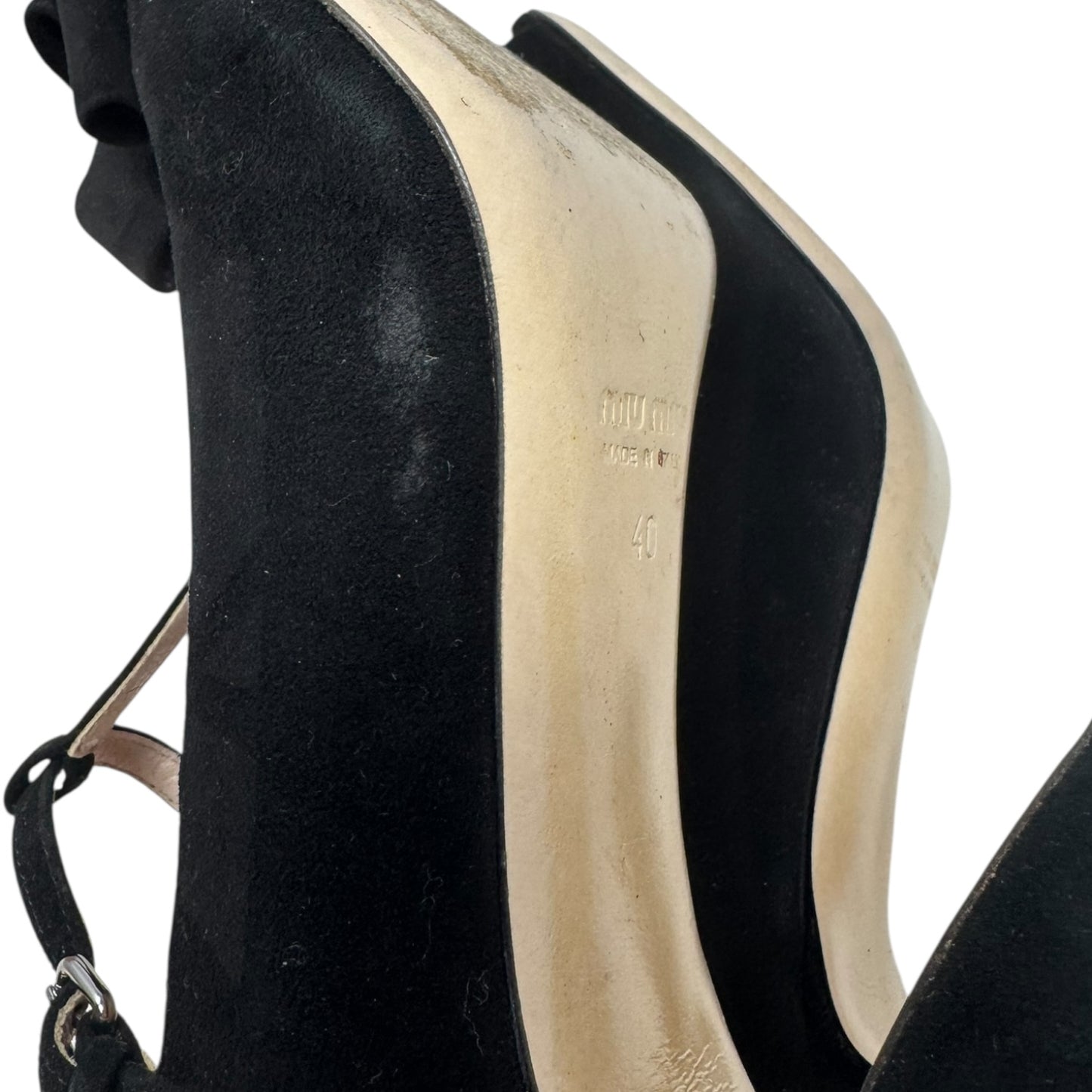 Suede T Strap Peep Toe Heels Shoes Luxury Designer By Miu Miu In Black, Size: 10 (IT 40)