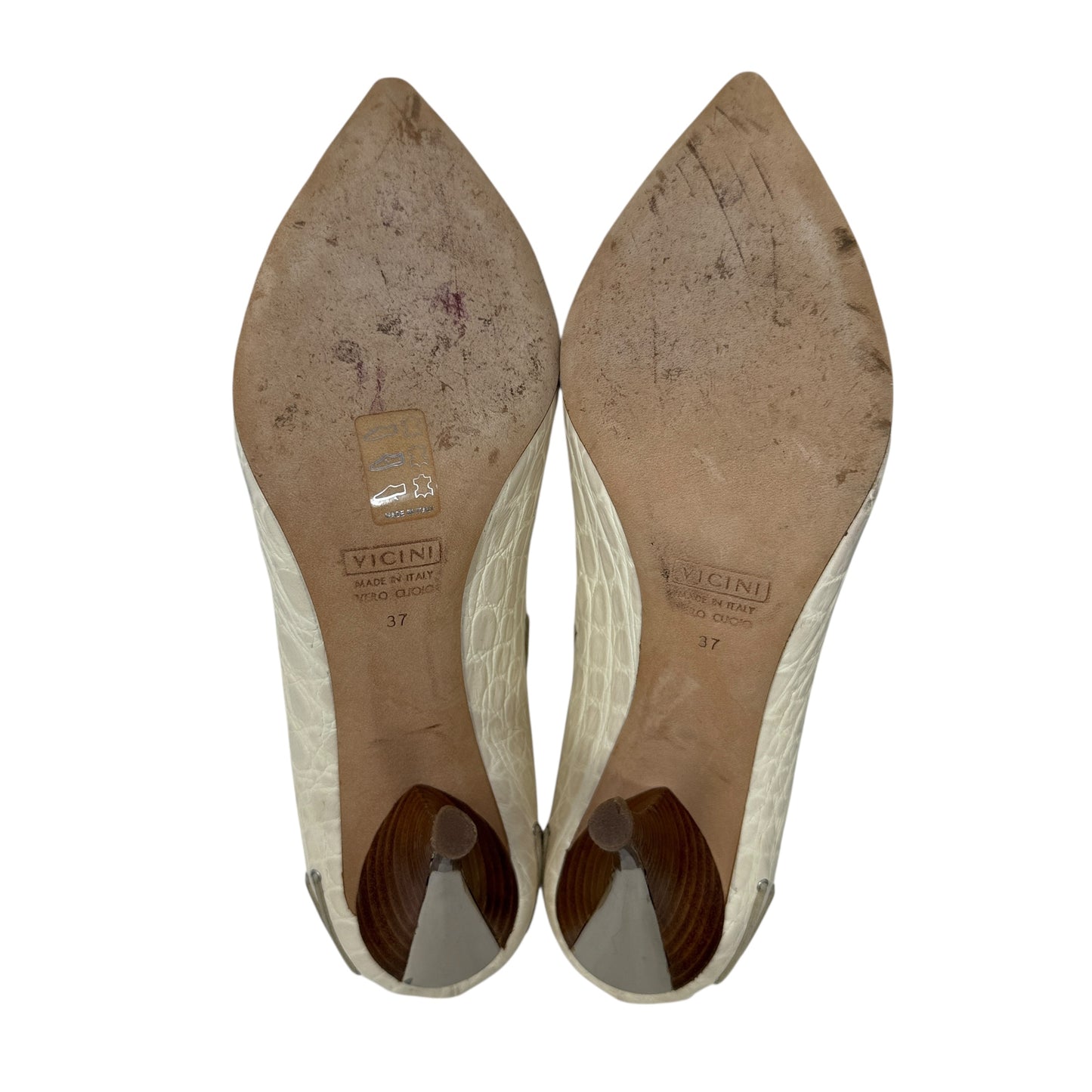 Vintage Vicini Croc Embossed Lace Detail Cutout Stiletto Pumps Designer By Giuseppe Zanotti In Cream, Size: 7