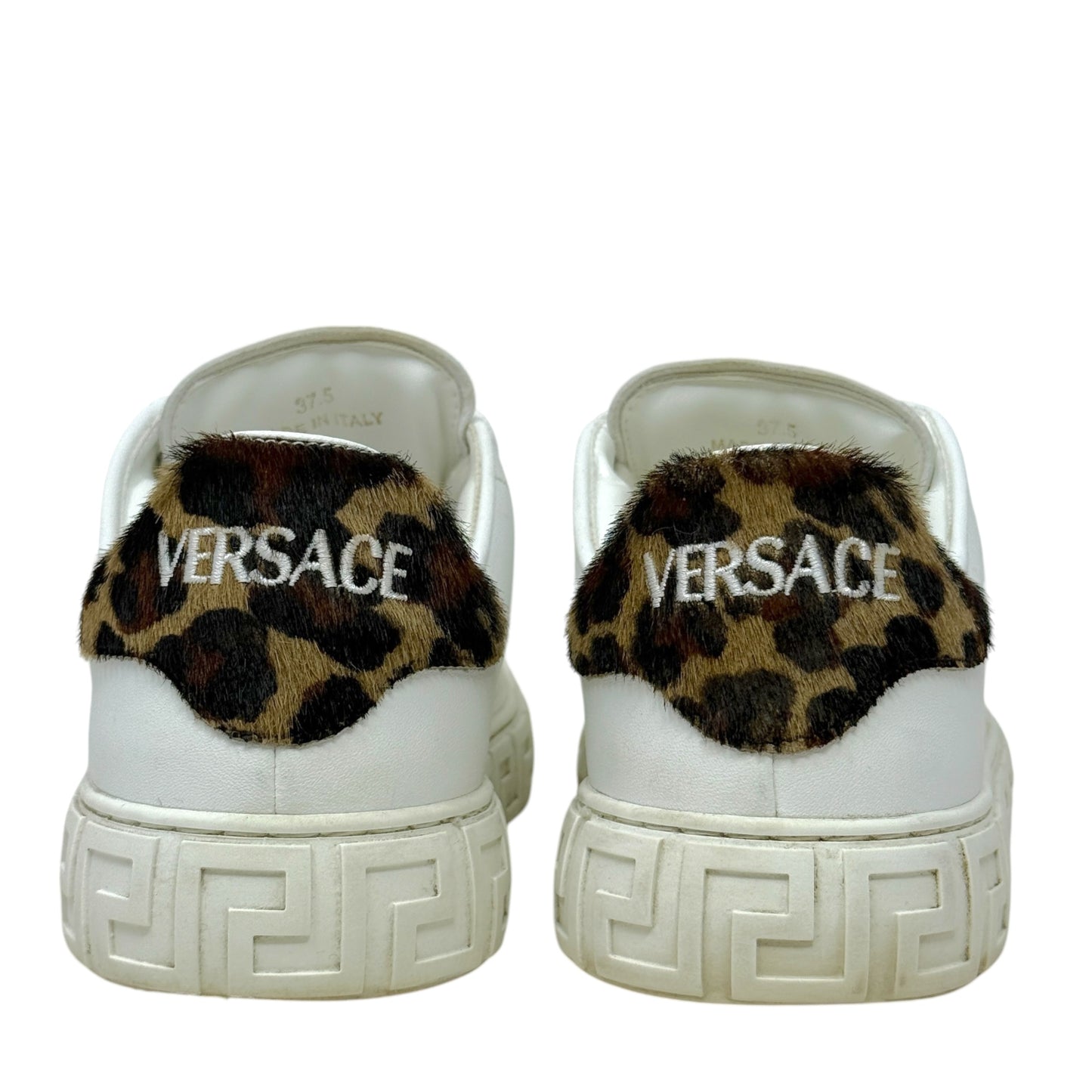 Greca Leopard Embroidered Sneakers Luxury Designer By Versace In White, Size: 7.5