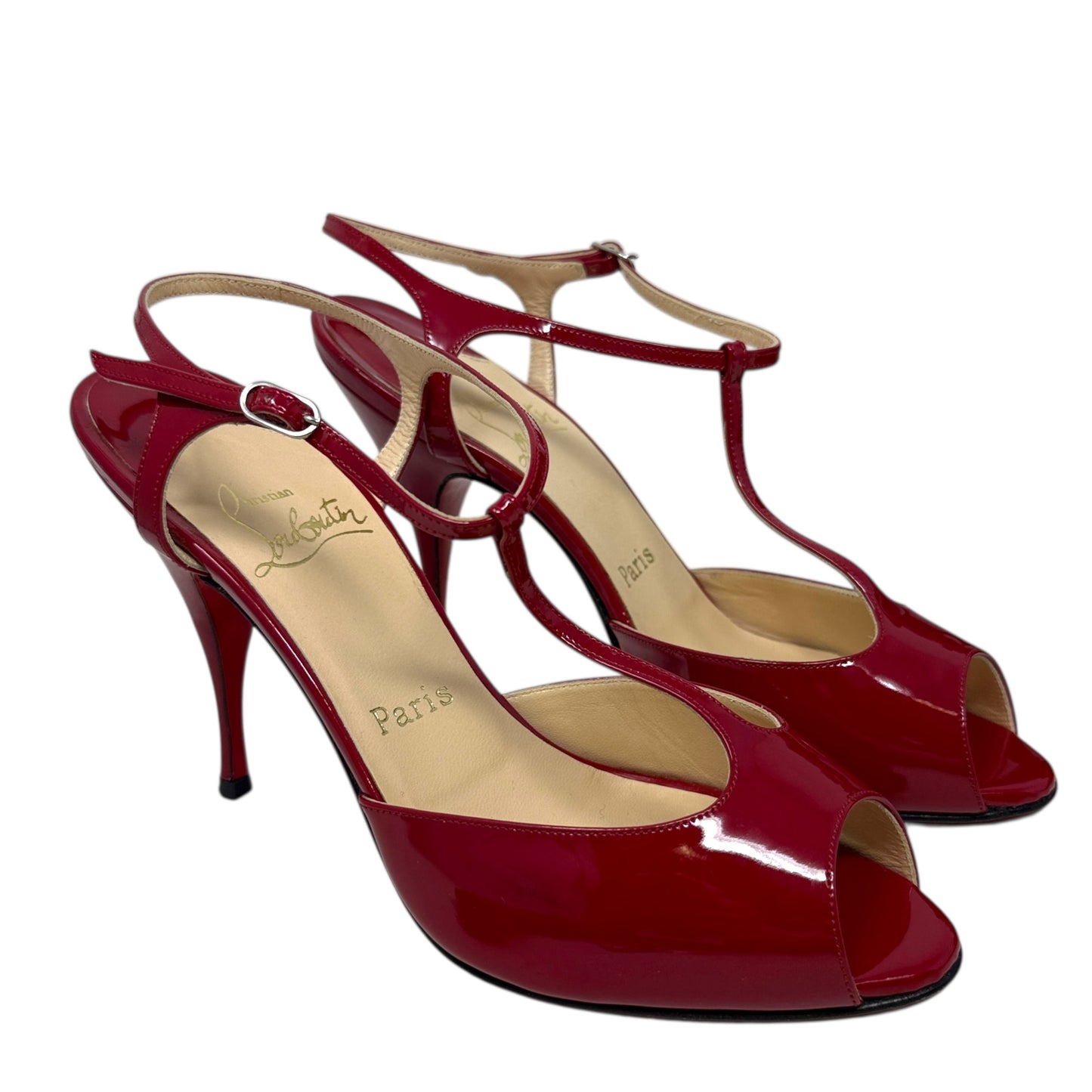 Ernesta T-Strap Patent Leather Pumps Luxury Designer By Christian Louboutin In Red, Size: 7