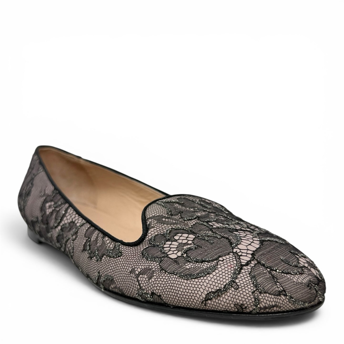 Caviar Crystal Lace Smoking Slippers In Blush Luxury Designer By Valentino-garavani In Black & Cream, Size: 8.5 (38.5)