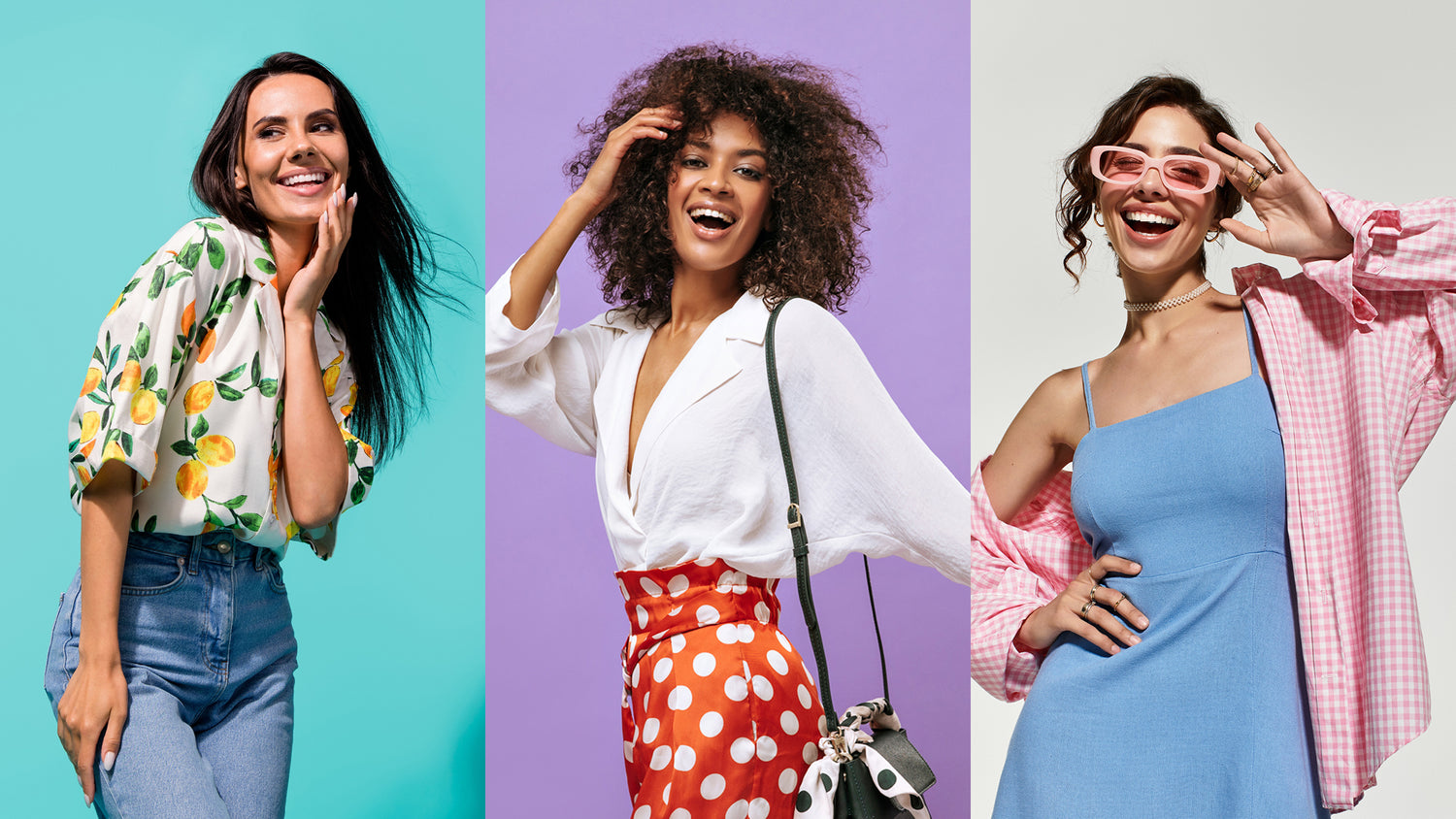 Three women posing against different colored backgrounds, each wearing a different outfit.