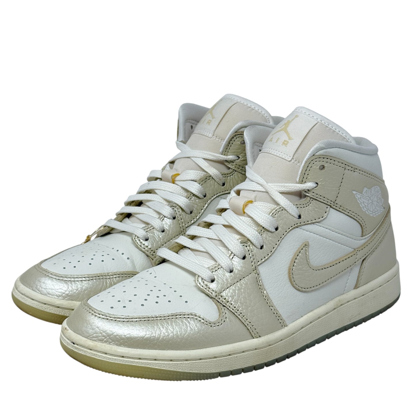 Air Jordan 1 Mid SE Hoops Gold Pack Sneakers Luxury Designer By Nike In Gold & White, Size: 8.5
