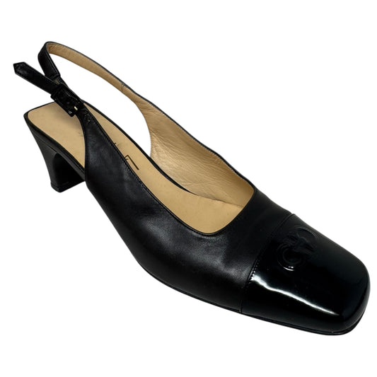 Vintage Patent & Nappa Leather Gancini Logo Cap Toe Slingback Pumps Luxury Designer By Ferragamo In Black, Size: 7.5
