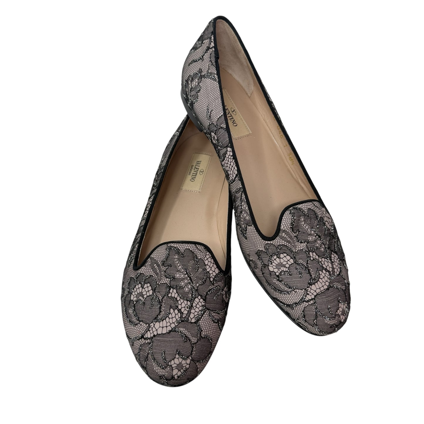 Caviar Crystal Lace Smoking Slippers In Blush Luxury Designer By Valentino-garavani In Black & Cream, Size: 8.5 (38.5)
