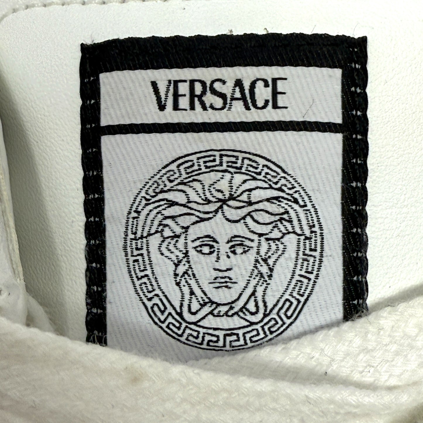 Greca Leopard Embroidered Sneakers Luxury Designer By Versace In White, Size: 7.5