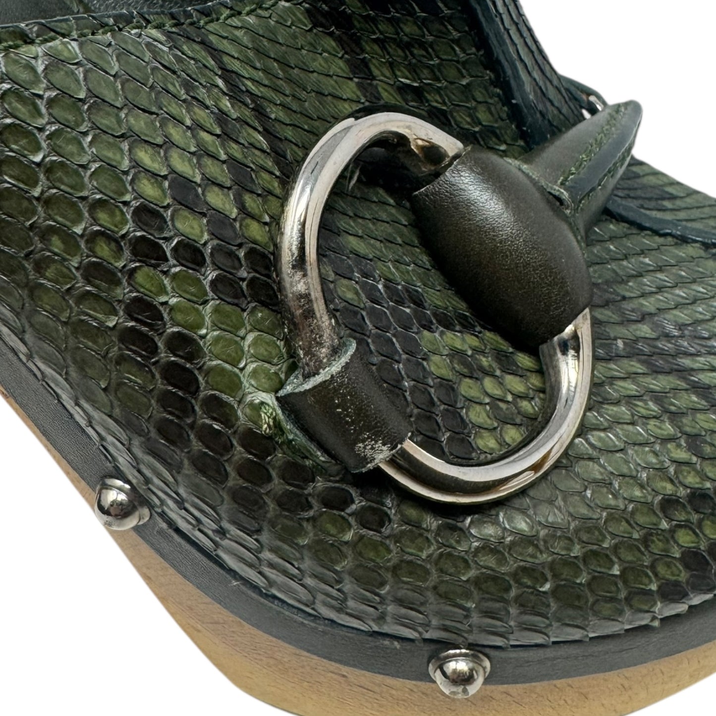 Python Buckle Peep Toe Wooden Heels Shoes Luxury Designer By Gucci In Snakeskin Print, Size: 9