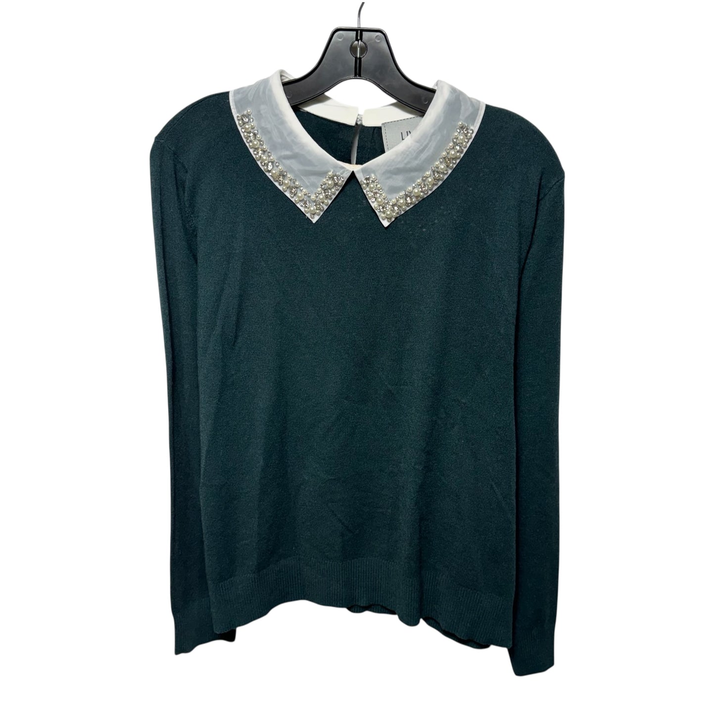 Pearl Embellished Peter Pan Collar Sweater By Liv Milano In Green & White, Size: XL