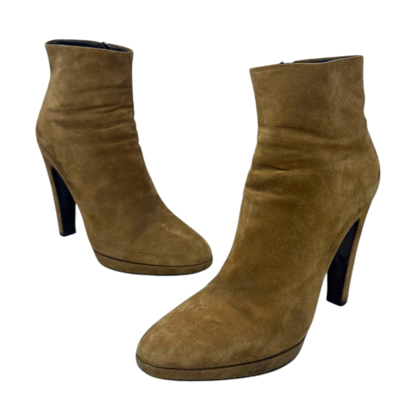 Platform Suede Ankle Booties Luxury Designer By Prada In Tan, Size: US 8.5/EU 38.5