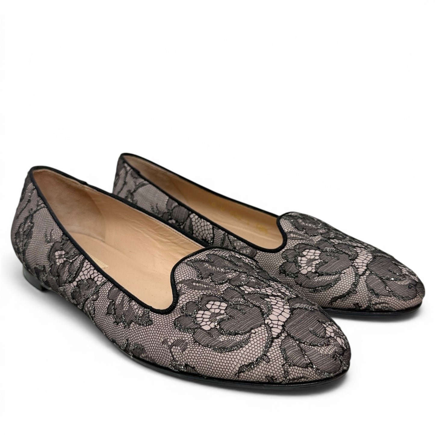Caviar Crystal Lace Smoking Slippers In Blush Luxury Designer By Valentino-garavani In Black & Cream, Size: 8.5 (38.5)