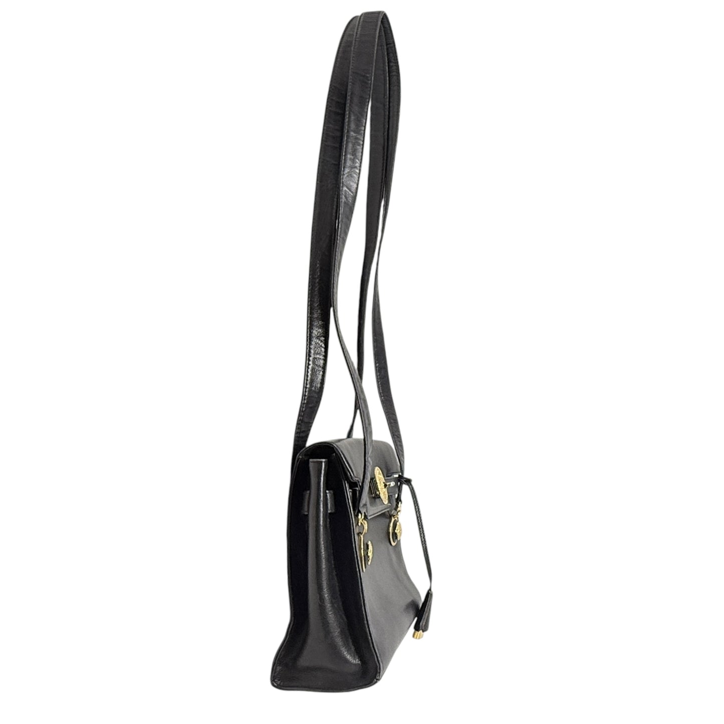Vintage 90’s Medusa Medallion Leather Flap Shoulder Bag Luxury Designer By Gianni Versace, Size: Medium