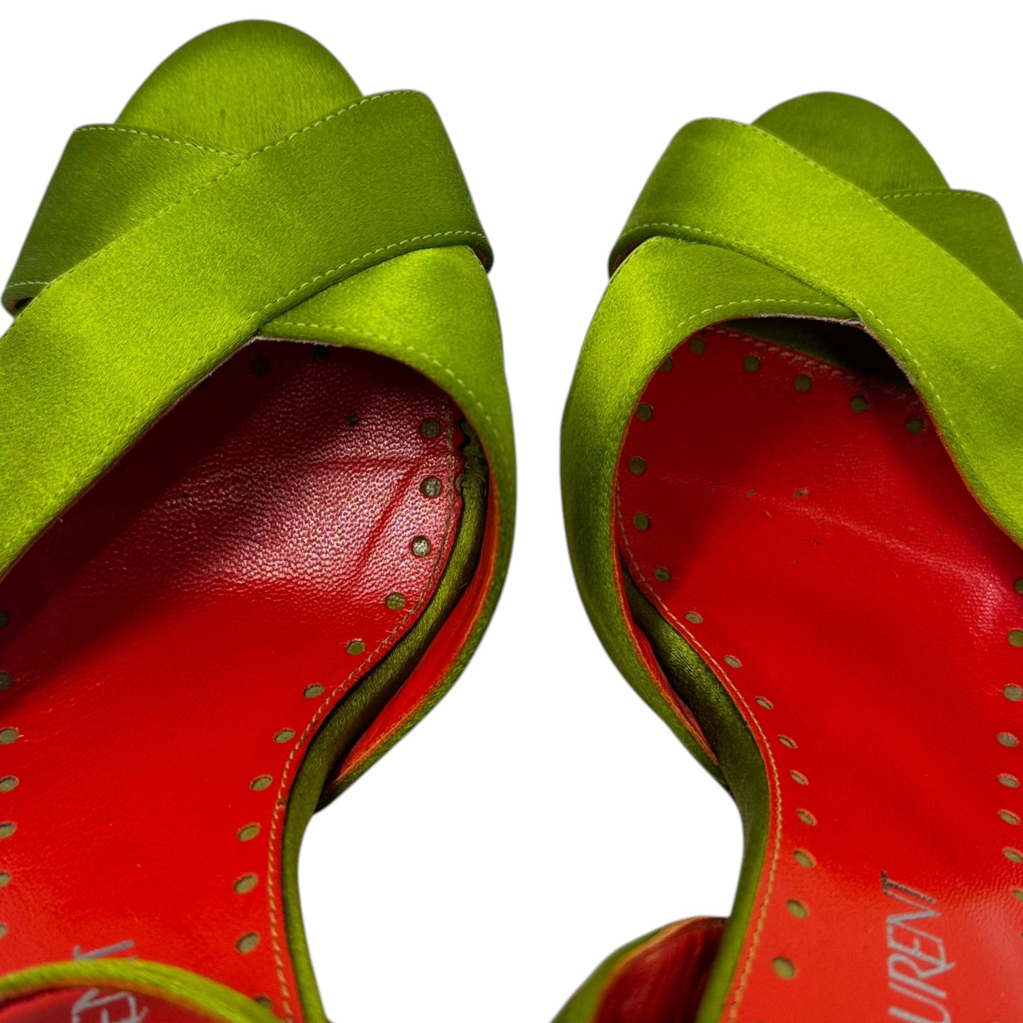 AS IS Rive Gauche Satin Heels Shoes Luxury Designer By Yves Saint Laurent In Green & Red, Size: 9 (39)
