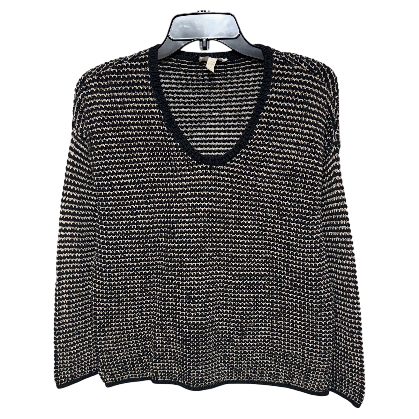 Organic Cotton Linen Blend Open Knit Sweater By Eileen Fisher In Black & Cream, Size: S