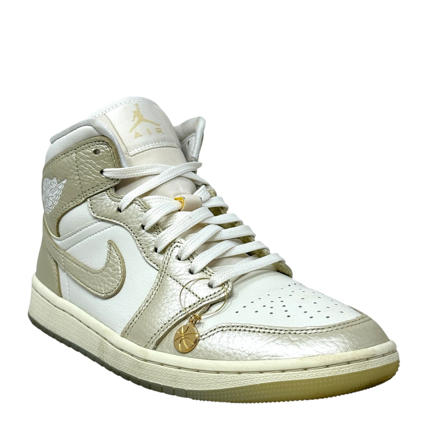 Air Jordan 1 Mid SE Hoops Gold Pack Sneakers Luxury Designer By Nike In Gold & White, Size: 8.5