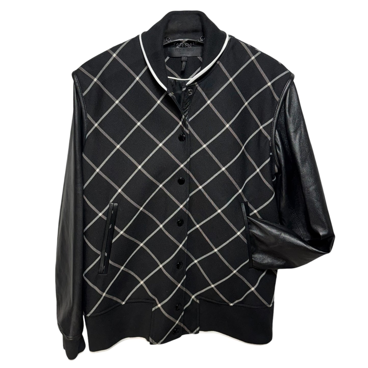 Edith' Windowpane Check Leather Sleeve Bomber Jacket By Rag And Bone In Black & White, Size: 0