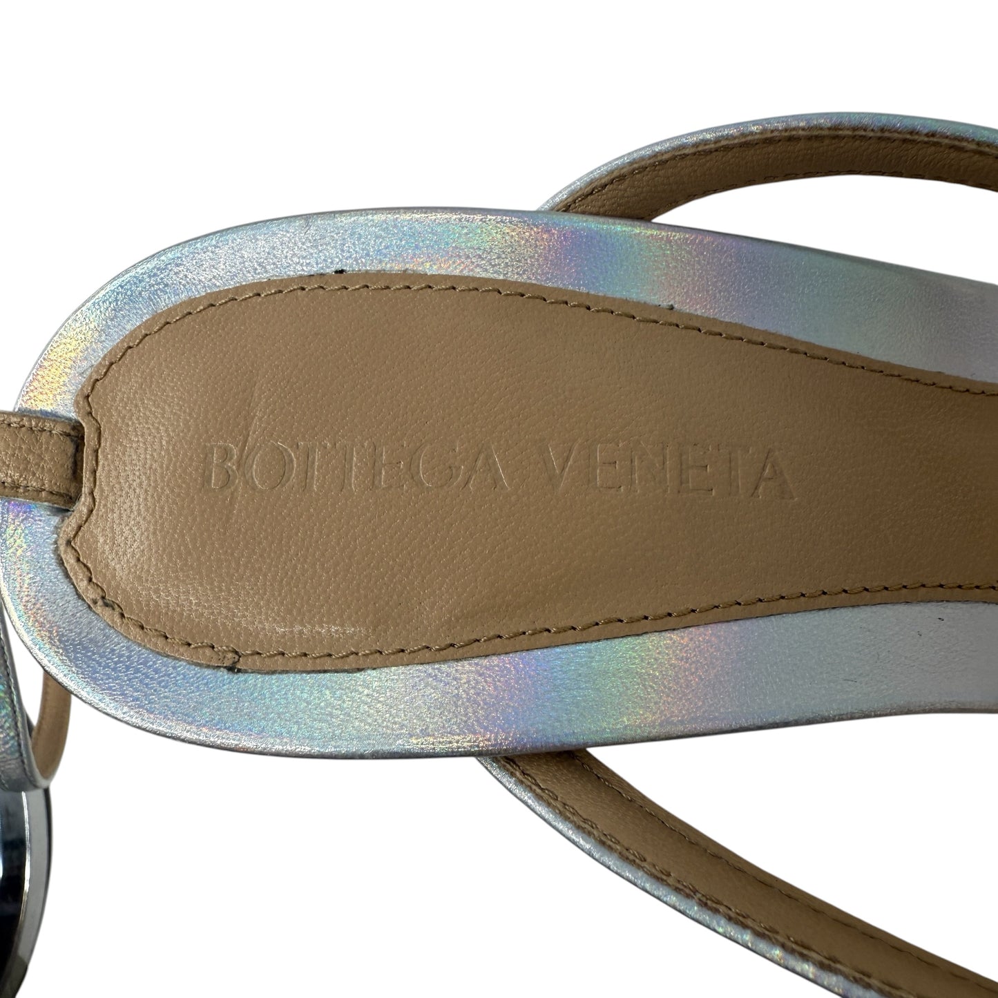 Stretch Iridescent Leather Sandals Luxury Designer By Bottega Veneta In Silver, Size: 9 (IT 39)