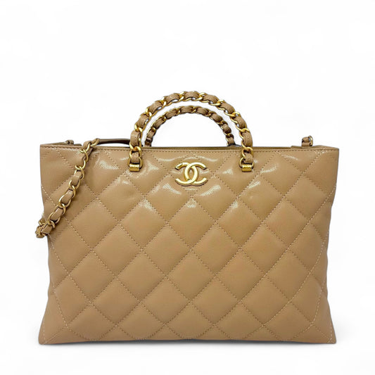 RARE 24S Coco Shiny Caviar Quilted Chain Top Handle Shopping Bag Luxury Designer By Chanel, Size: Medium