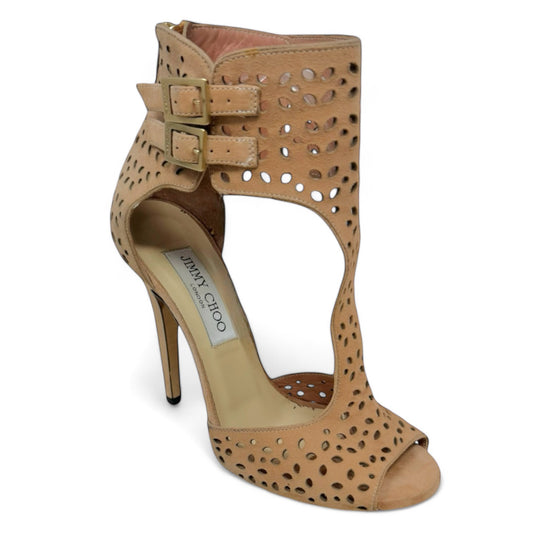 Tahi Perforated Suede Sandal Heels Luxury Designer By Jimmy Choo In Blush, Size: US-6.5/IT-36.5