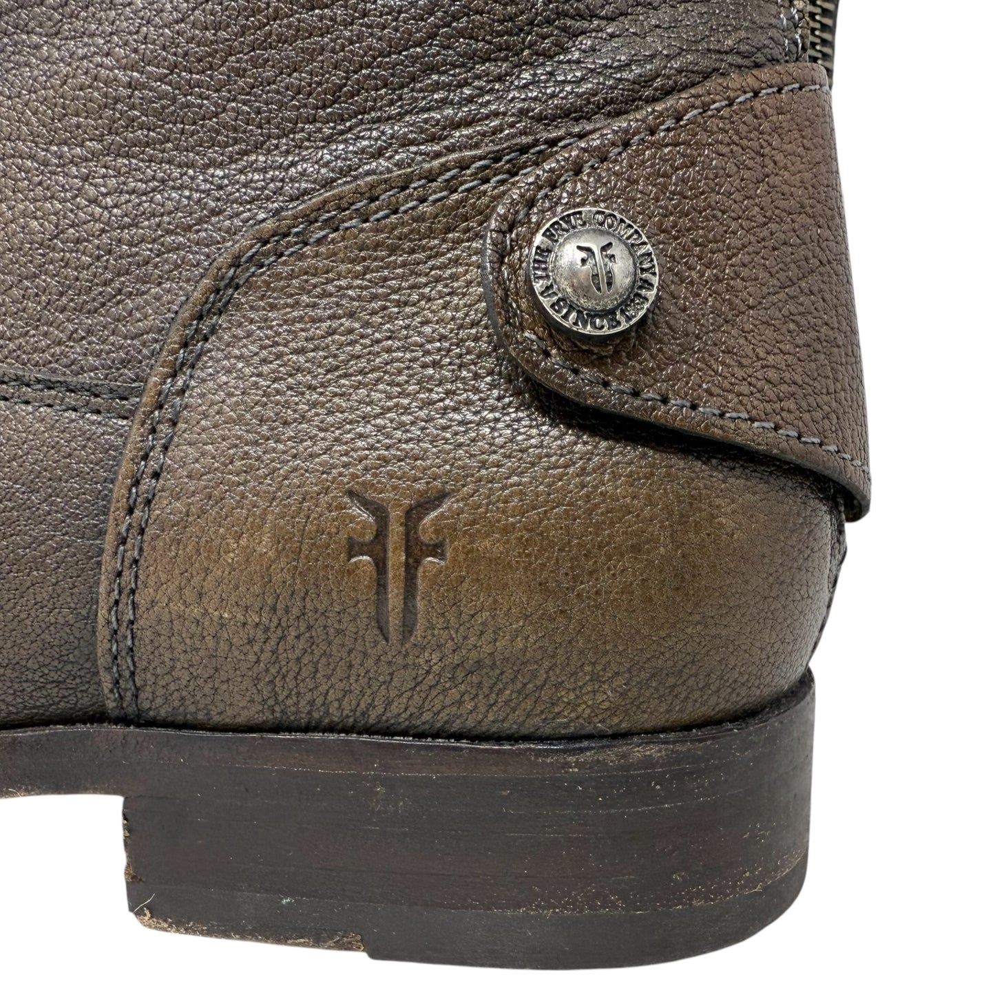 Melissa Button Back Zip Boots Designer By Frye In Grey Antique/Brown, Size: 7.5